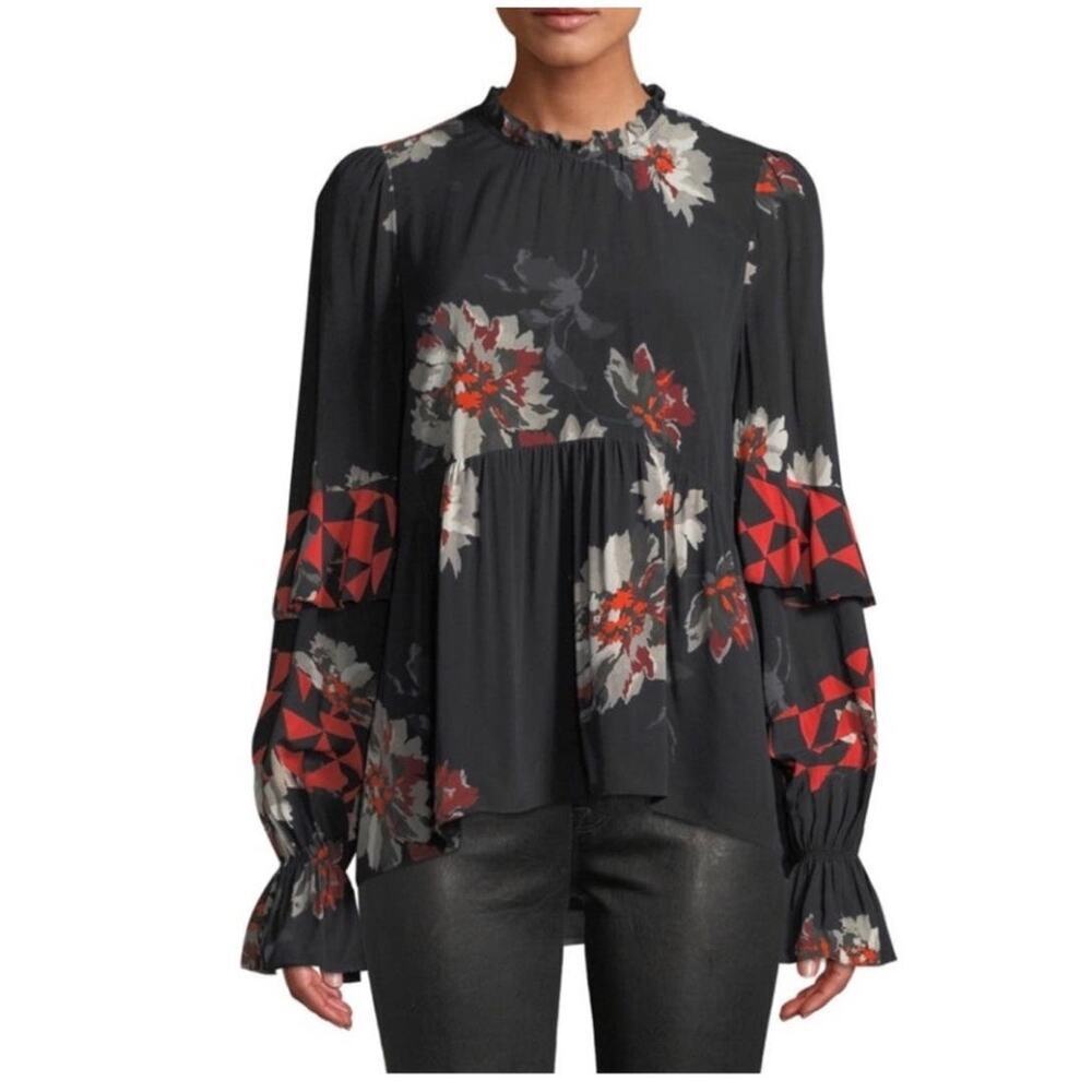 Joie Women's Black Floral Print Long Sleeves Crewneck Ronette Top Size Small
